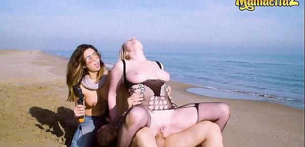  CHICAS LOCA - Frida Sante Georgie Lyall - Sexy British MILF Takes Cock On The Beach With Her BFF Watching